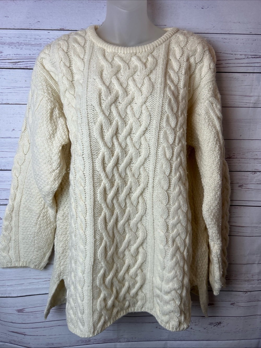 Aran Crafts Ireland Cable Knit Sweater Large Cream Merino Wool Crew Neck Tunic